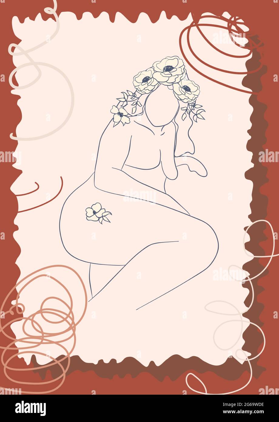 Silhouette einer Frau, weiblicher Körper, körperpositiv, kosmetisches Konzept mit Blumen, trendy beige, Schablone Stock Vektor