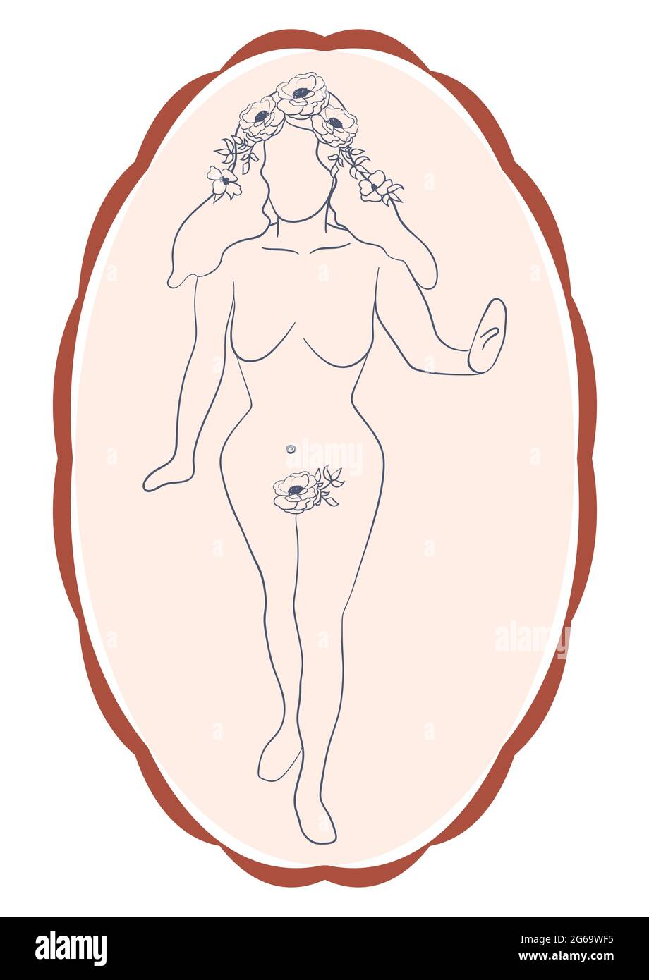 Silhouette einer Frau, weiblicher Körper, körperpositiv, kosmetisches Konzept mit Blumen, trendy beige, Schablone Stock Vektor