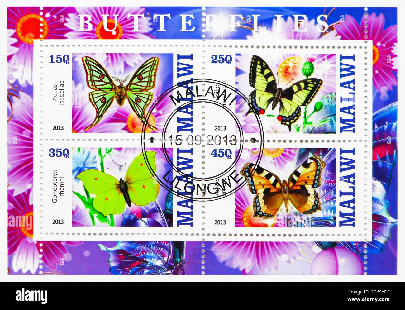 MOSKAU, RUSSLAND - 28. MÄRZ 2020: Vier in Malawi gedruckte Briefmarken zeigen die Serie Butterflies, um 2013 Stockfoto