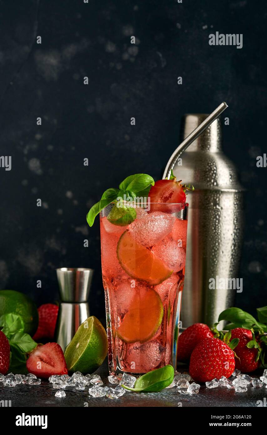 Glas Punsch und frische Zutaten für die Herstellung von Limonade, infundiert entgiftetes Wasser oder Cocktail. Erdbeeren, Limette, Minze, Basilikum, Eiswürfel und Shaker auf BL Stockfoto