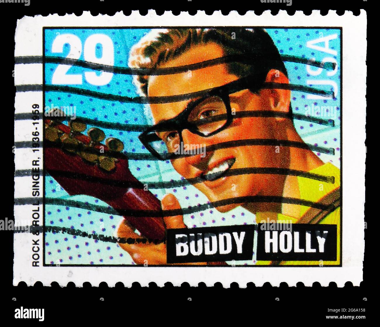 MOSKAU, RUSSLAND - 18. APRIL 2020: Die in den USA gedruckte Briefmarke zeigt Buddy Holly, American Music Series Serie, um 1993 Stockfoto