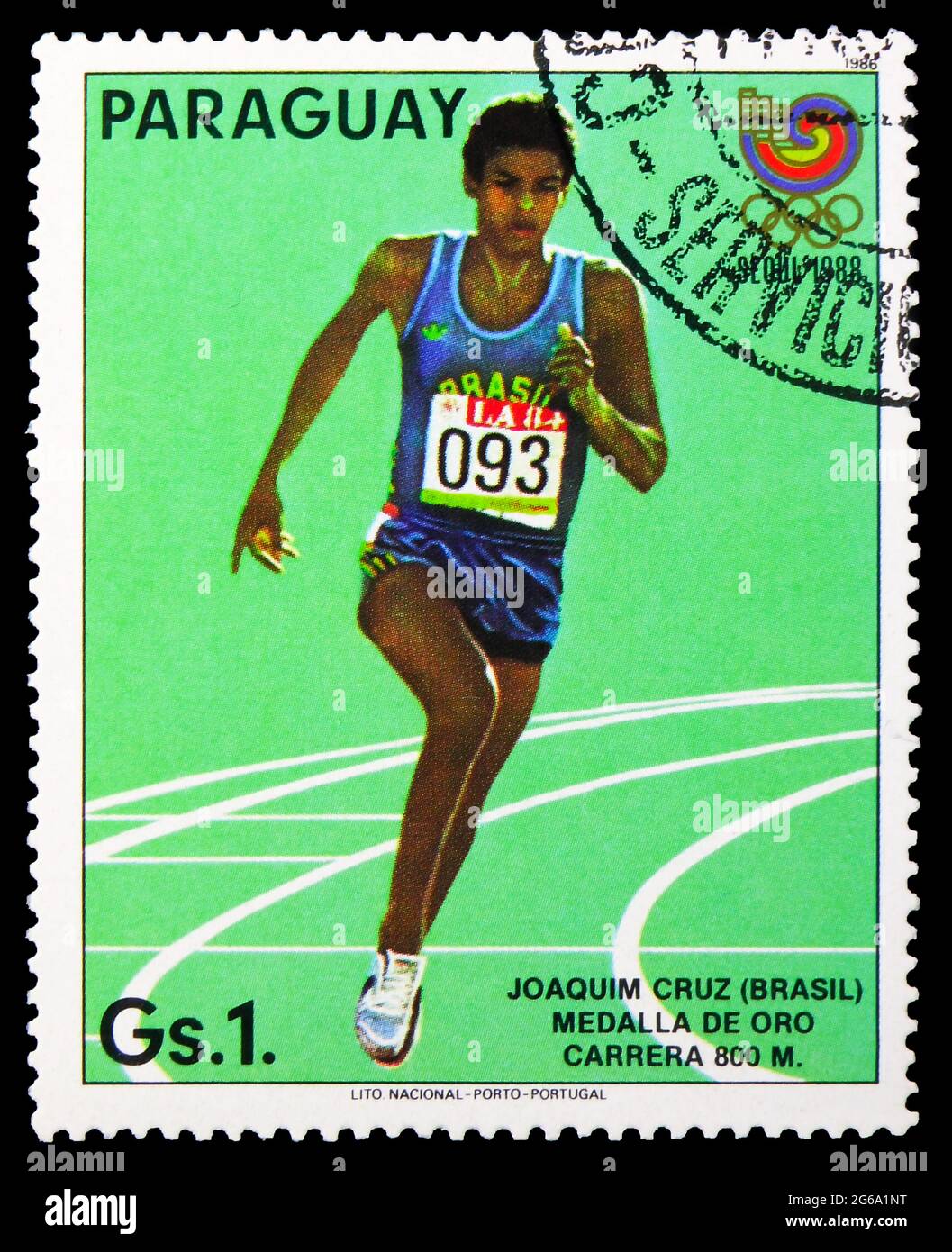 MOSKAU, RUSSLAND - 18. APRIL 2020: Die in Paraguay gedruckte Briefmarke zeigt Joaquim Cruz, brasilianischer Läufer, Olympische Sommerspiele, Seoul 1988 Serie, circa Stockfoto