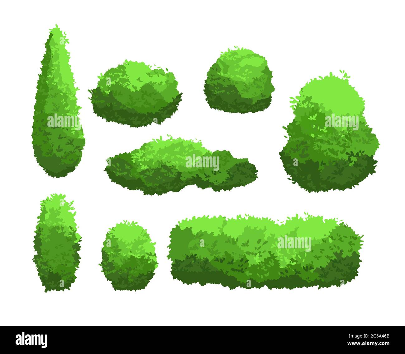 Vektor-Illustration Set von Garten grünen Büschen und dekorativen Bäumen. Strauch- und Buschkollektion im Cartoon-Stil isoliert auf weißem Hintergrund. Stock Vektor
