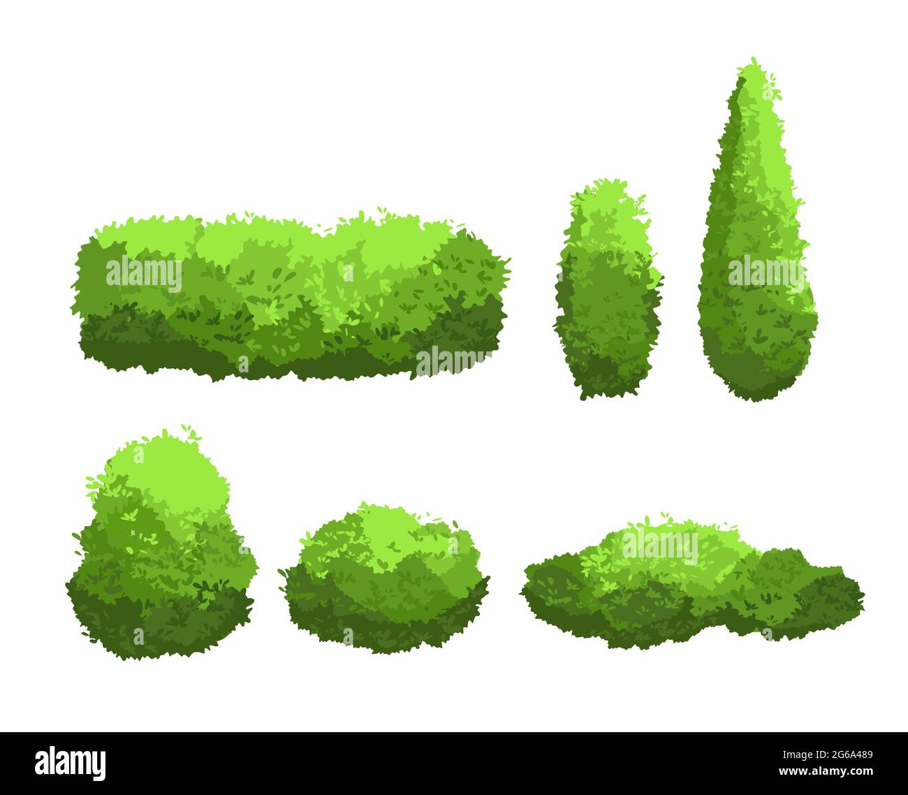 Vektor-Illustration Set von Garten grünen Büschen und dekorative Bäume verschiedene Formen. Strauch- und Buschkollektion im Cartoon-Stil auf Weiß isoliert Stock Vektor