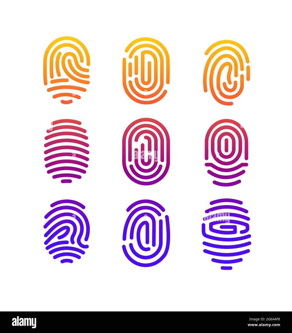 Vektordarstellung der Fingerabdrucksammlung in verschiedenen Formen mit Farbverlauf im Linienstil auf weißem Hintergrund. Stock Vektor