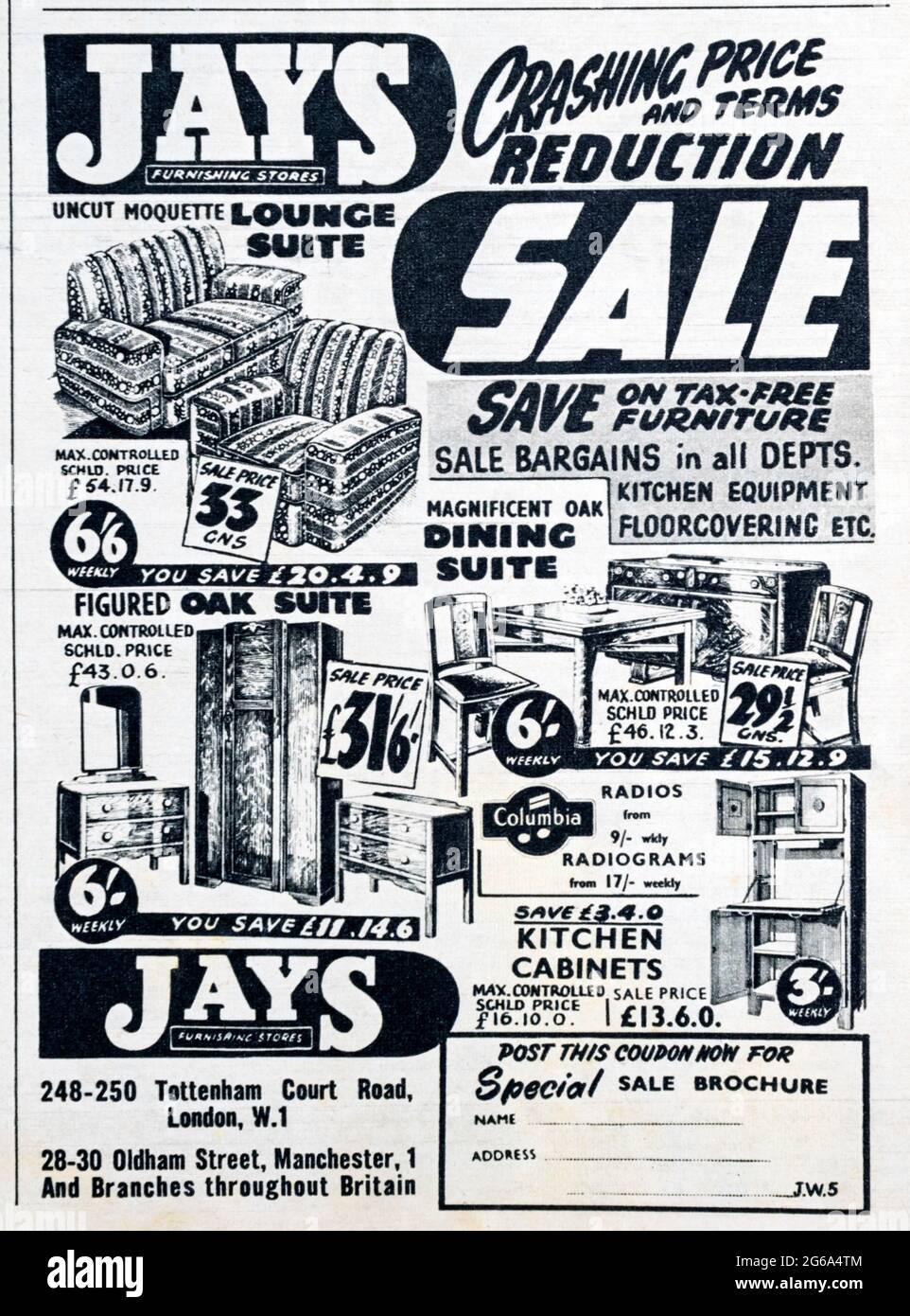 Eine Zeitschriftenanzeige aus den 1950er Jahren für Jays Furnishing Stores. Stockfoto