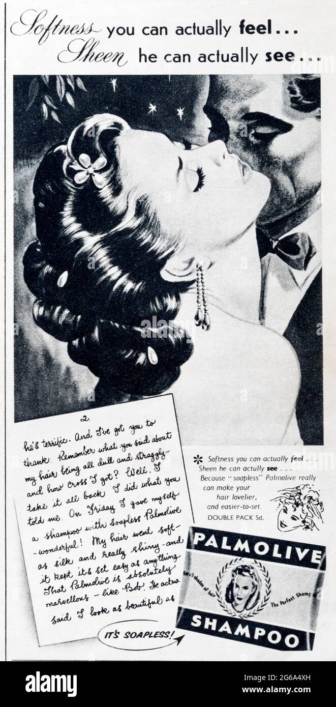 Eine Werbung in den 1950er Jahren für Palmolive Haarshampoo Stockfoto