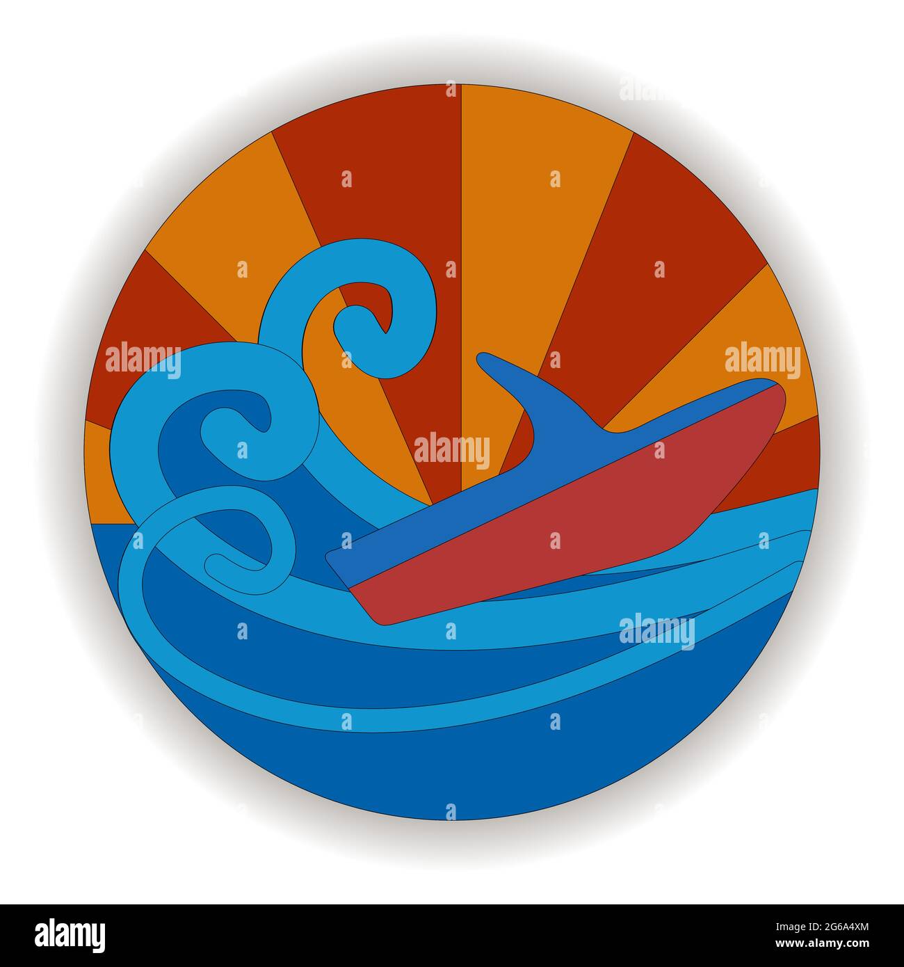 Stilisierte Illustration eines Wasserrollers. Jet Ski, Wellen und Sonnenuntergang. Rundes Emblem. Wassertransport Aufkleber oder Stickerei. Vektor. Stock Vektor