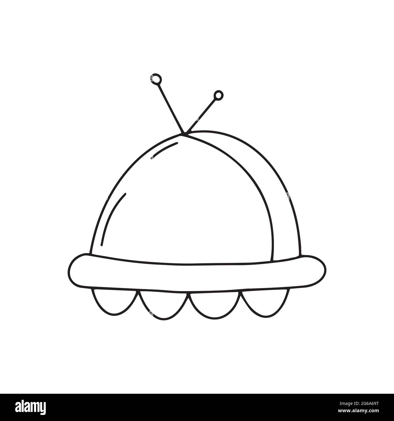 Fliegende Untertasse. UFO. Schwarz-Weiß-Vektorgrafik im Doodle-Stil isoliert. Welt-UFO-Tag Stock Vektor