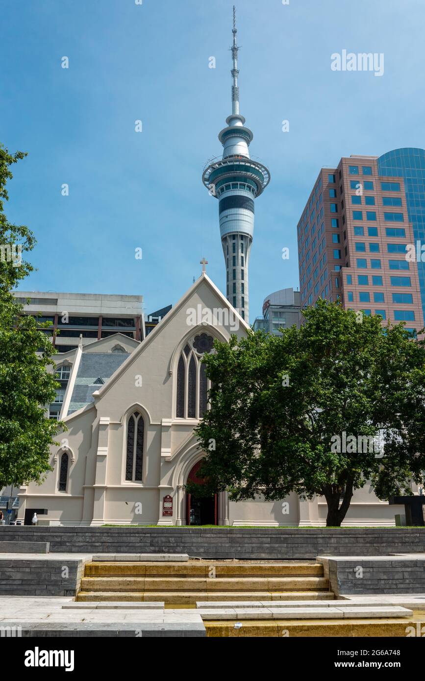 Kathedrale von St. Patrick in Auckland, der Skytower im Hintergrund, Neuseeland Stockfoto