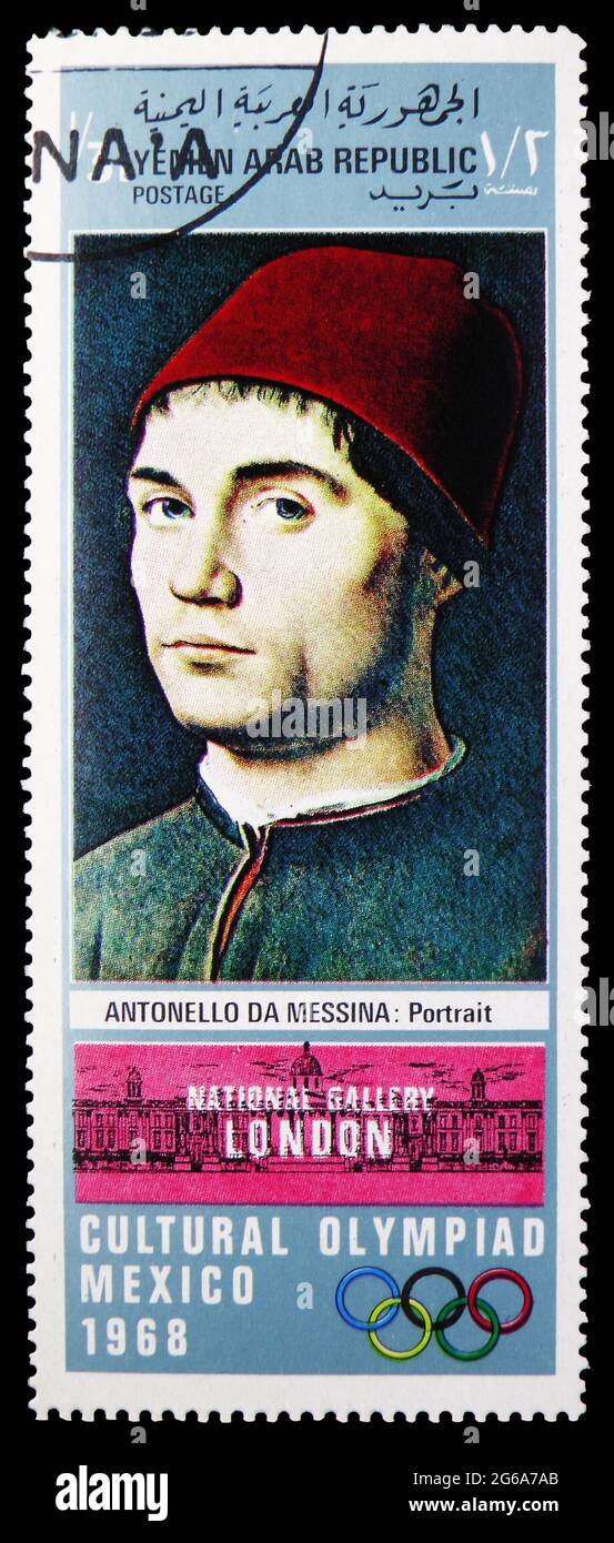 MOSKAU, RUSSLAND - 18. APRIL 2020: Briefmarke gedruckt im Jemen zeigt Porträt eines Mannes, Antonello da Messina (1430-1479), Kulturelle Olympiade 1968 - Na Stockfoto