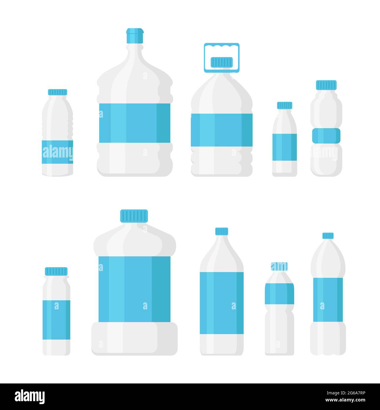 Vektor-Illustration Satz von Wasserflasche Packung hellblaue Farbe isoliert auf weißem Hintergrund. Lieferung Wasser Konzept, Service verschiedene Flaschenformen Stock Vektor