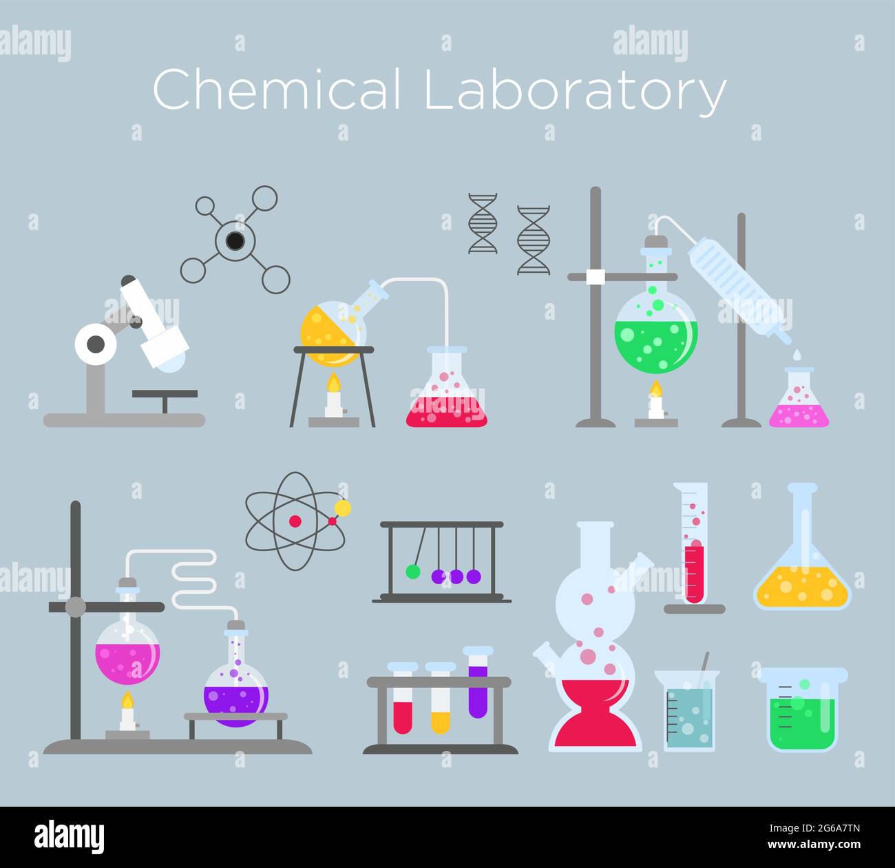 Vektor-Illustration Satz von chemischen Laborgeräten. Chemisches Glas mit verschiedenen chemischen Lösungen und Reaktionen im flachen Cartoon-Stil. Stock Vektor