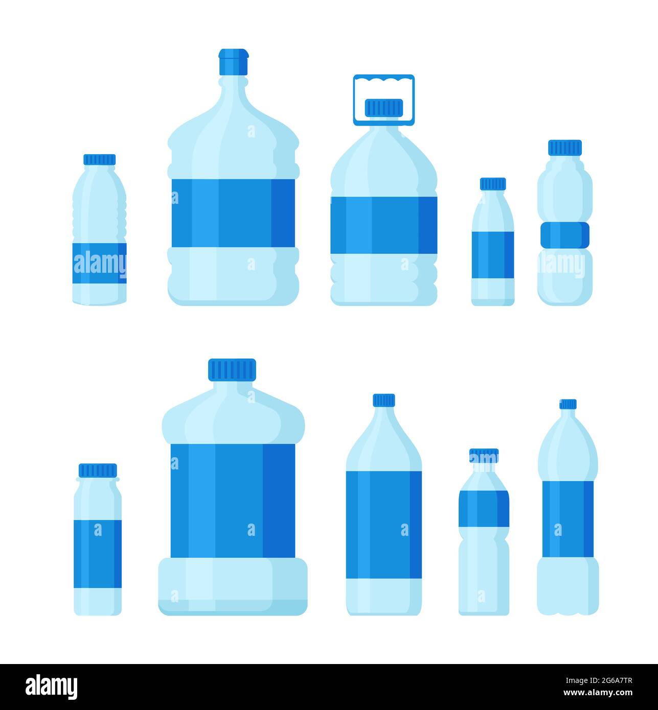 Vektor-Illustration Satz von Plastikflaschen, leere Behälter für Flüssigkeit und Trinkwasser in flacher Cartoon-Stil, isoliert auf weißem Hintergrund. Stock Vektor