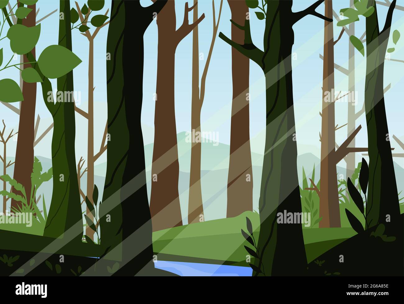 Vektor-Illustration des Sonnenuntergangs im Wald, schöner Wald, Licht durch die Bäume im Wald, Morgenzeit, Naturlandschaft im flachen Stil. Stock Vektor