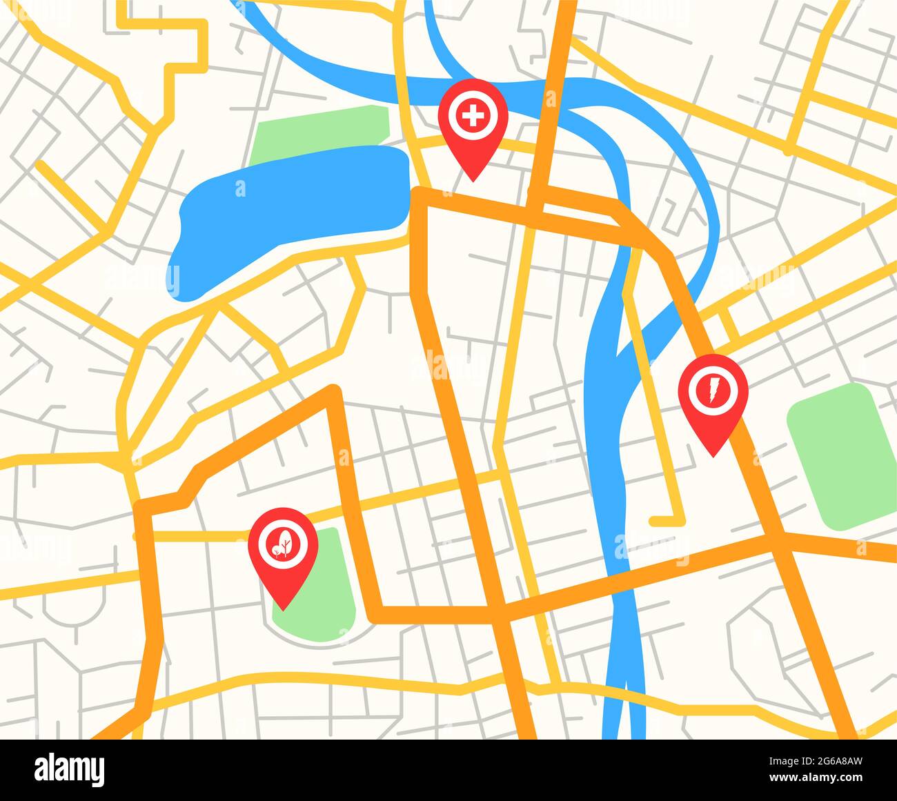 Vektor-Illustration von abstrakten modernen Stadtplan mit roten Pin-Zeigern und Infrastruktur-Icons, Navigator-Konzept, flache Cartoon-Stil. Stock Vektor