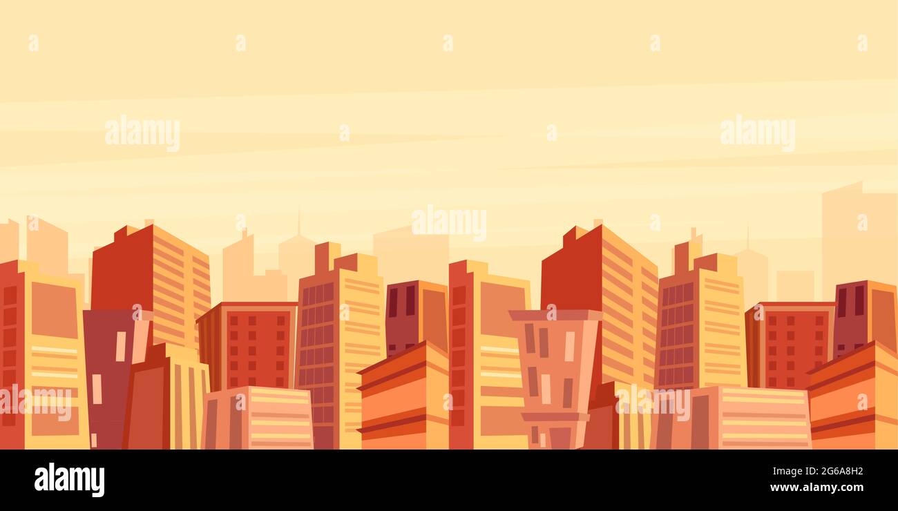 Vektor-Illustration der schönen großen Stadt mit Wolkenkratzern in Sonnenuntergang Zeit, Stadtbild, modernes Stadtkonzept in flachen Cartoon-Stil. Stock Vektor
