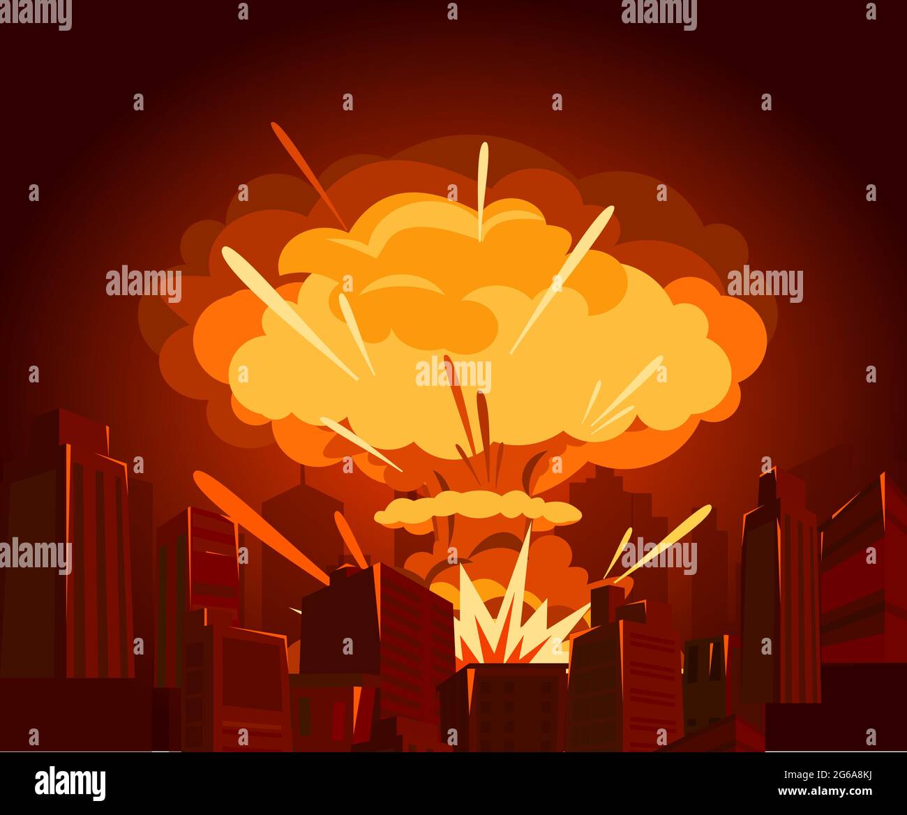Vektor-Illustration der Atombombe in der Stadt. Krieg und Ende der Welt Konzept im flachen Stil. Gefahren der Kernenergie. Stock Vektor