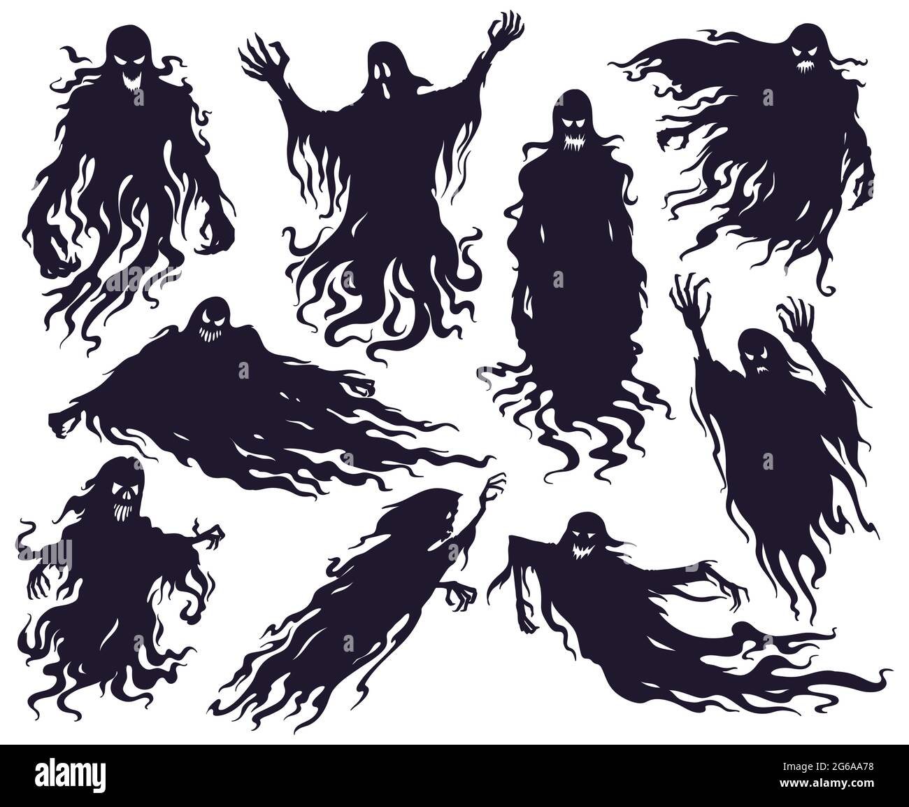Halloween böse Geist Silhouette. Furchterregende Alptraum Geister Charaktere, gruselige Phantom Dämonen Maskottchen Vektor Illustration Set. Cartoon Geister Silhouetten Stock Vektor