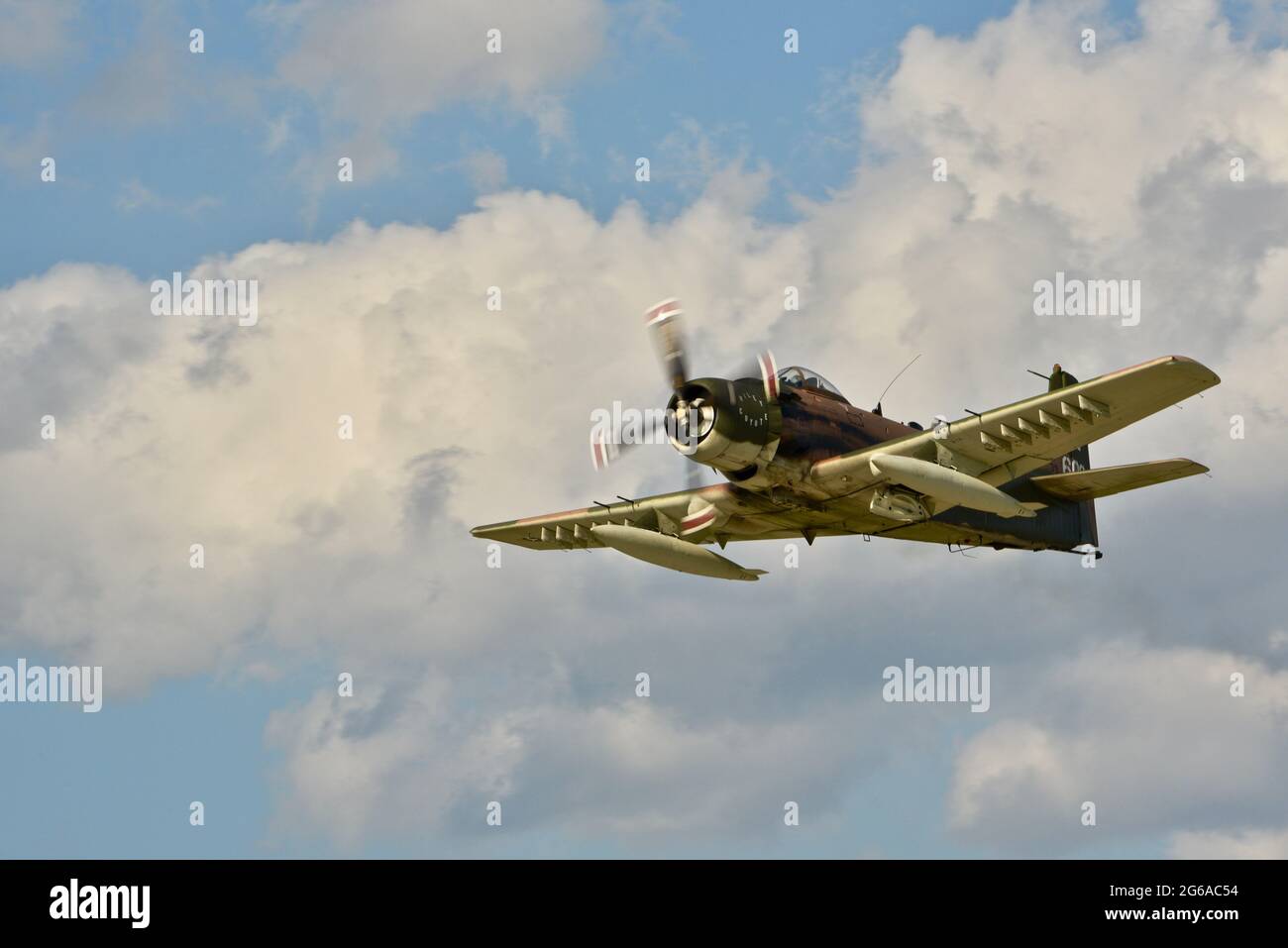 Douglas A-1 Skyraider, 'Wiley Coyote', in der Luft und beim Durchlaufen von Pässen beim EAA Fly-in (AirVenture), Oshkosh, Wisconsin, USA Stockfoto