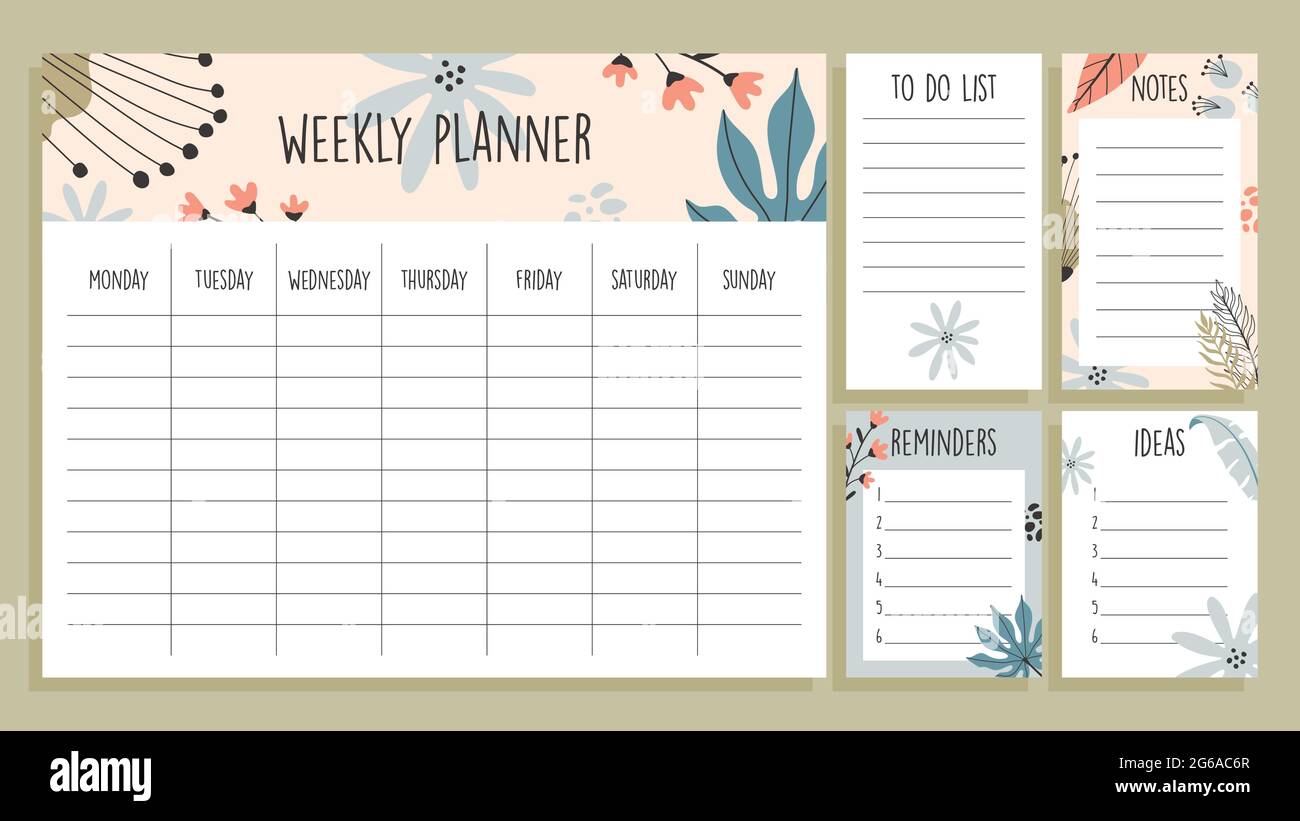 Vorlage für den Tropical Weekly Planner und Papiernotizen mit handgezeichneten Illustrationen Stock Vektor