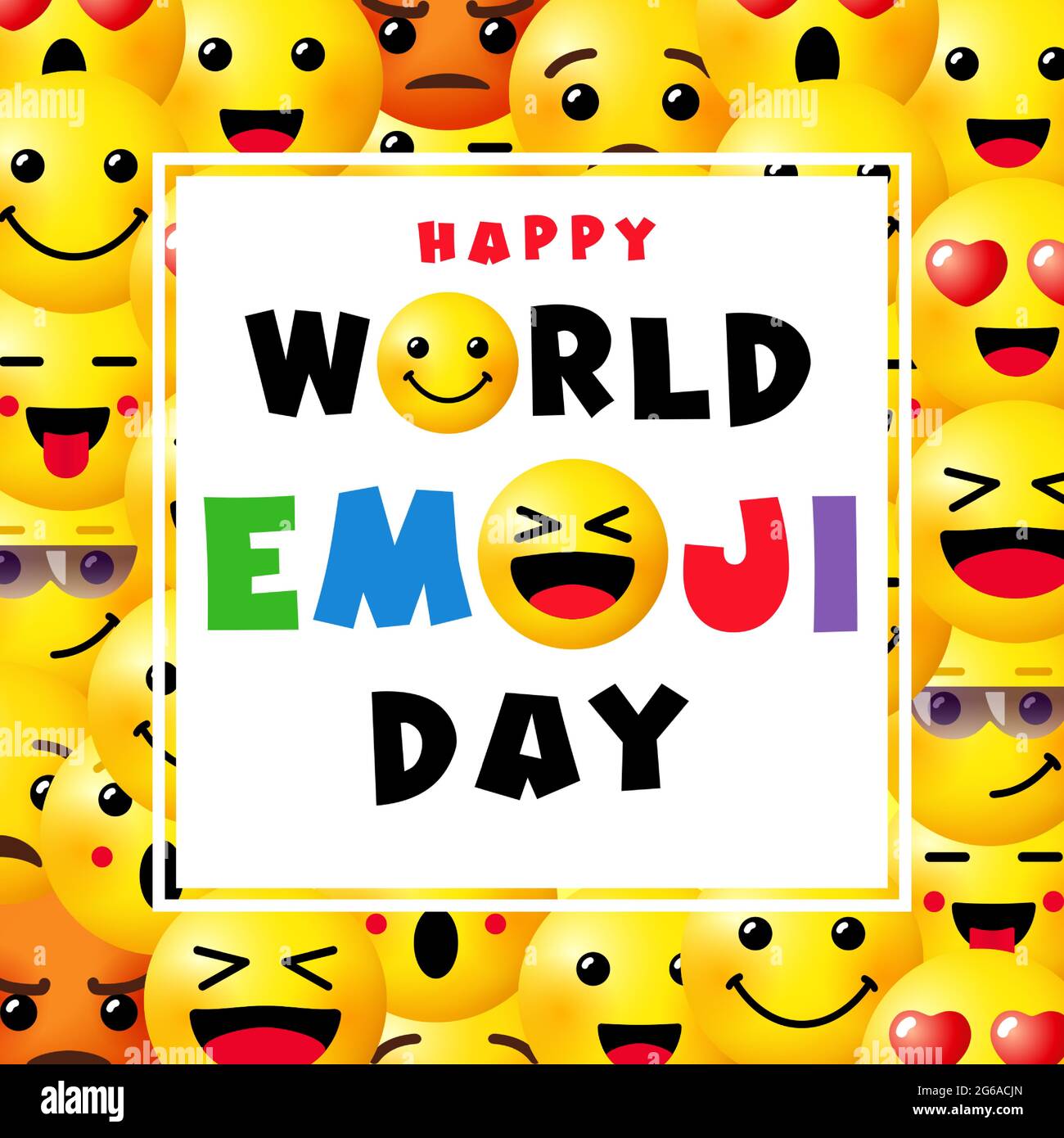 Happy World Emoji Tag kreativen Platz Gratzen. Isolierte abstrakte Grafik-Design-Vorlage. Lächeln-Symbole und heller Text. Vektorzeichen. Niedliche lustige Farbe Stock Vektor