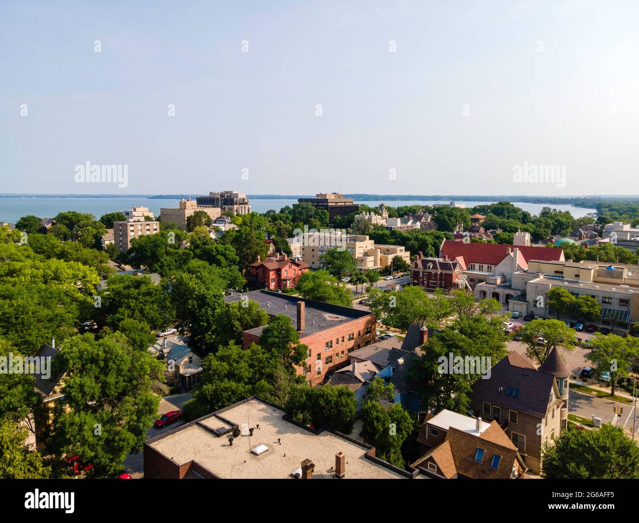 Luftaufnahme der Innenstadt von Madison, Wisconsin, USA. Stockfoto