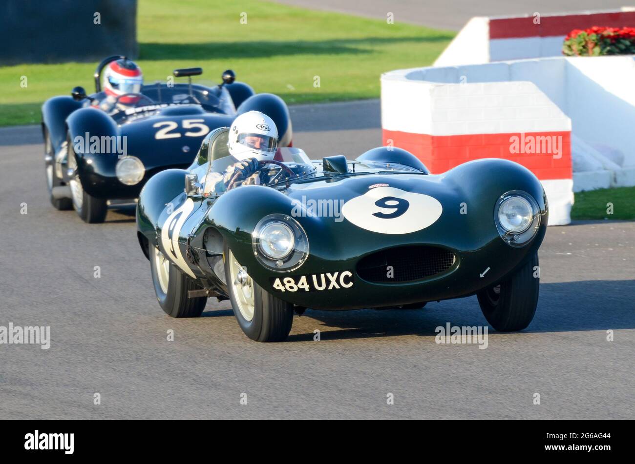 Jaguar D Type Classic Sportwagen, Oldtimer-Rennwagen, der bei der Sussex Trophy beim historischen Goodwood Revival-Event in Großbritannien teilnimmt. Jonathan Turner fährt Stockfoto