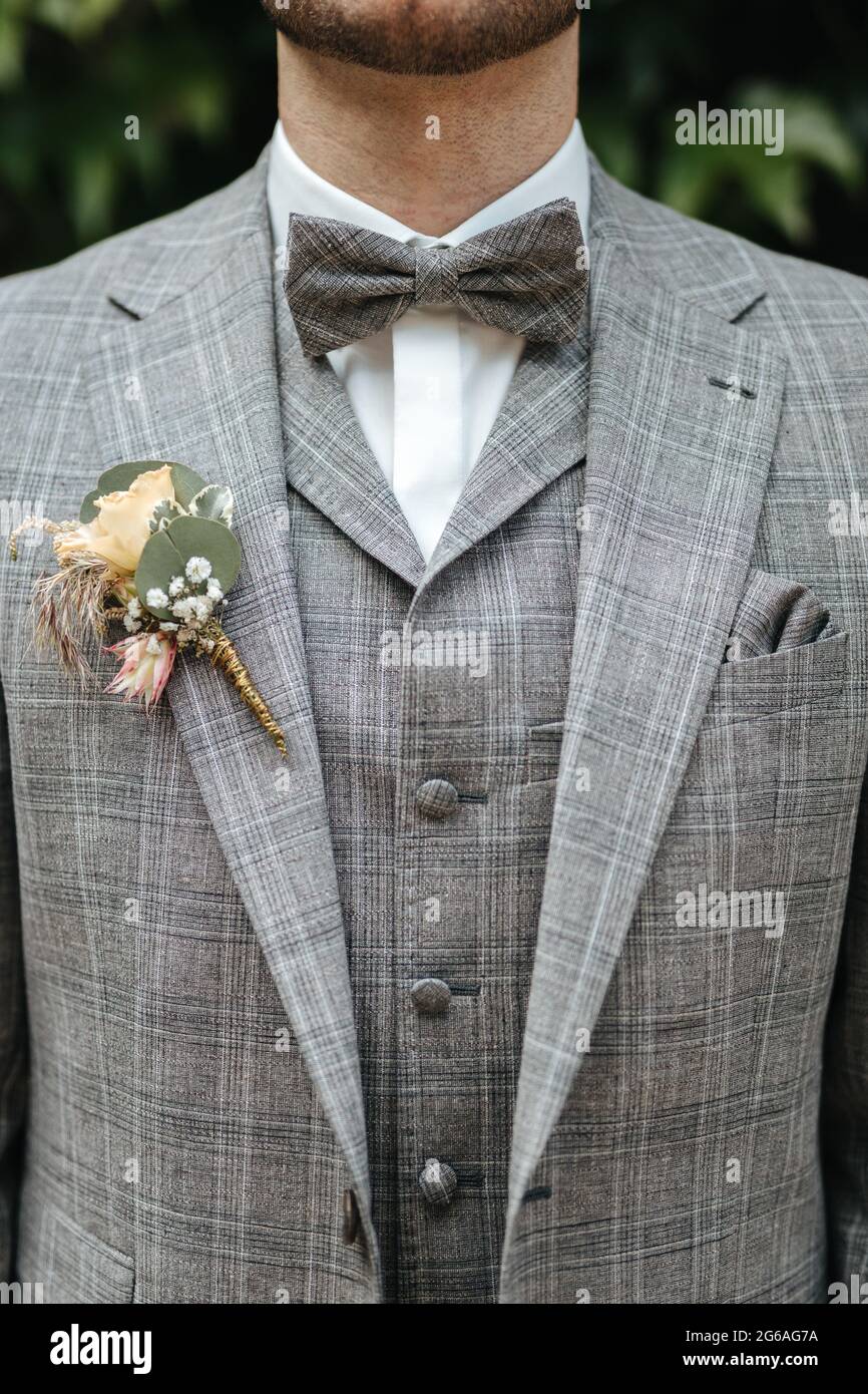 Bräutigam trägt eine Fliege und einen grauen Anzug aus nächster Nähe  Stockfotografie - Alamy
