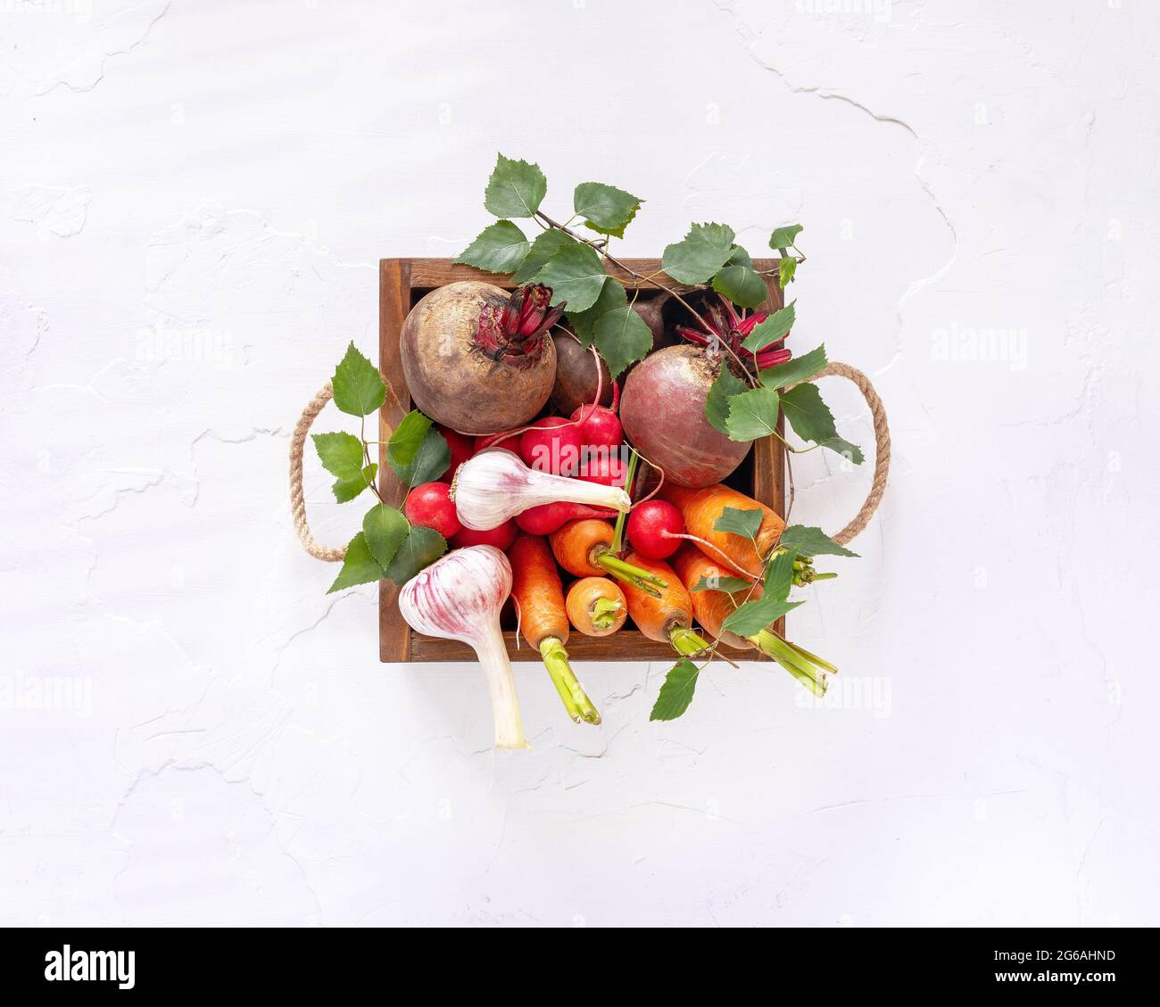 Sommer Verkauf von saisonalem Gemüse auf dem lokalen Markt. Bio-Gemüse: Karotten, Kartoffeln, Rüben, Radieschen und Knoblauch in einer braunen Holzkiste Stockfoto