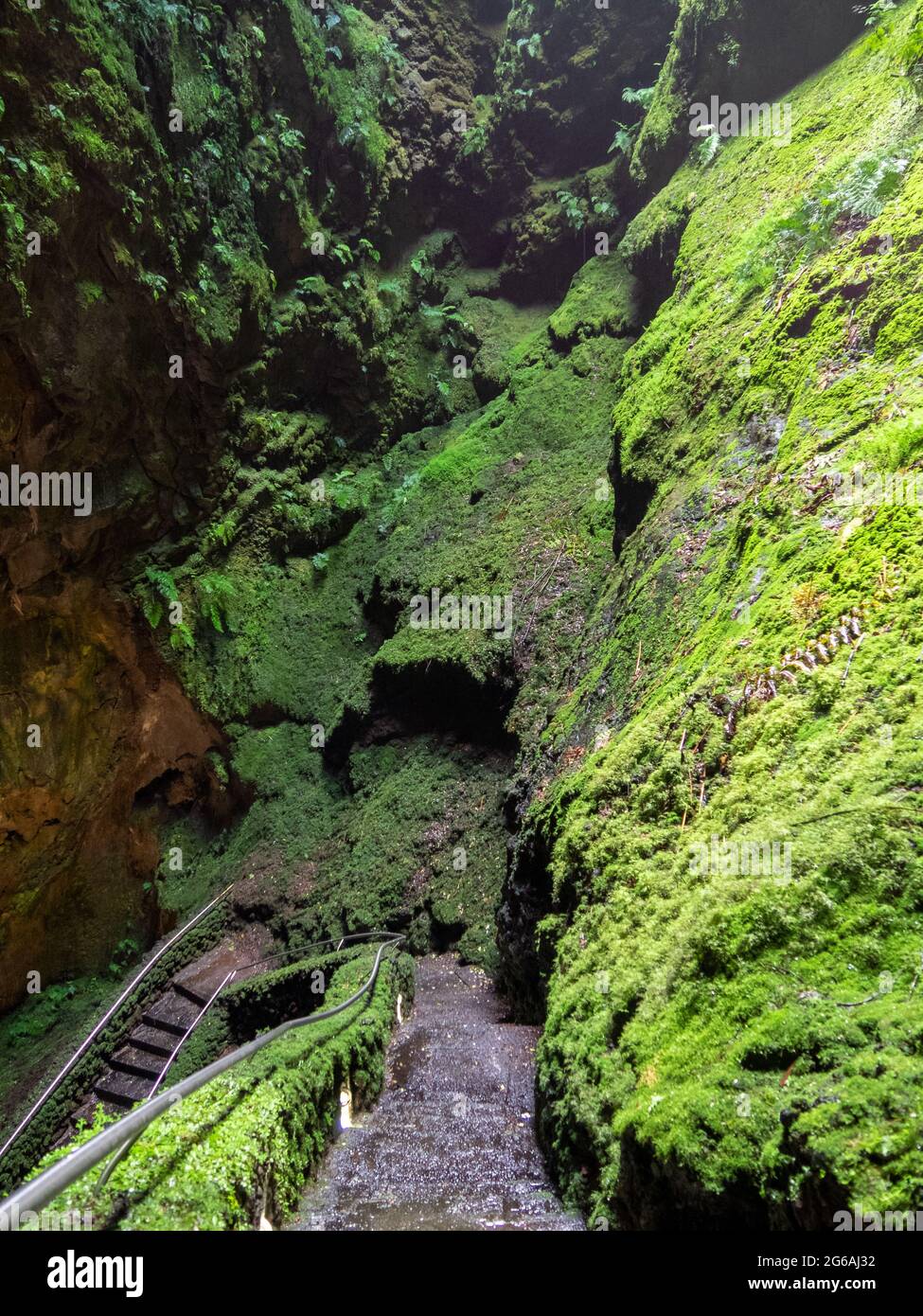 Treppe, die die Lava-Röhre Algar do Carvão hinunterführt, Terceira Island, Azoren Stockfoto