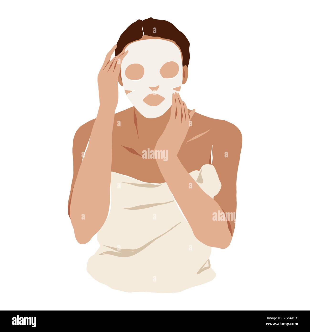 Frau, die feuchtigkeitsspendende Bettmaske auf ihr Gesicht, Anti-Aging-Hautpflege-Ritual, junge schöne Frau trägt Badetuch auf eine Gesichtsmaske setzen Stock Vektor