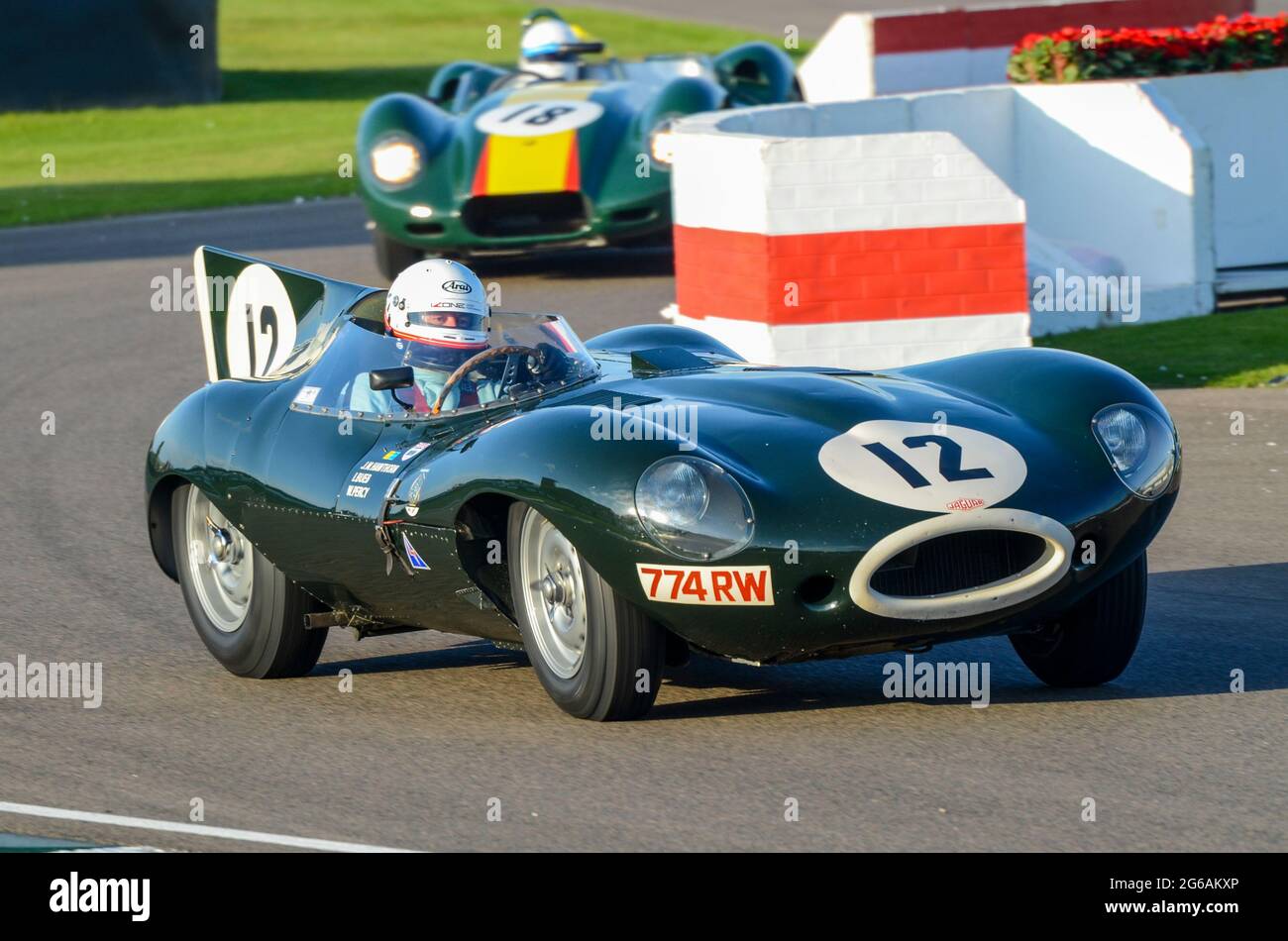 Jaguar D Type klassischer Sportwagen mit langer Nase, Oldtimer-Rennwagen, der bei der Sussex Trophy beim historischen Goodwood Revival-Event in Großbritannien teilnimmt. Anthony Reid Stockfoto