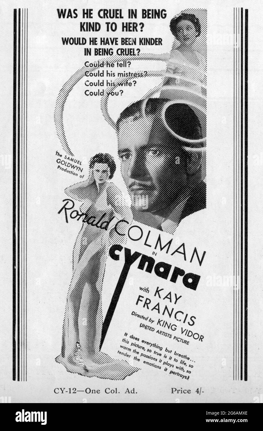 RONALD COLMAN KAY FRANCIS und PHYLLIS BARRY in CYNARA 1932 Regisseur KING VIDOR Roman R. Gore Brown Musik Alfred Newman The Samuel Goldwyn Company / United Artists Stockfoto