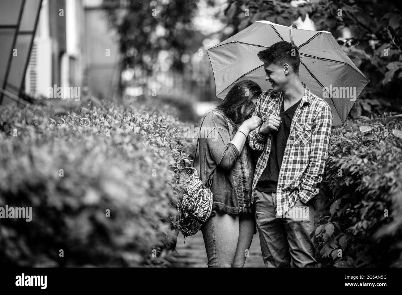 Ein junges Paar, ein Mann und ein Mädchen im Park unter einem Regenschirm. Schwarzweiß-Foto. Stockfoto
