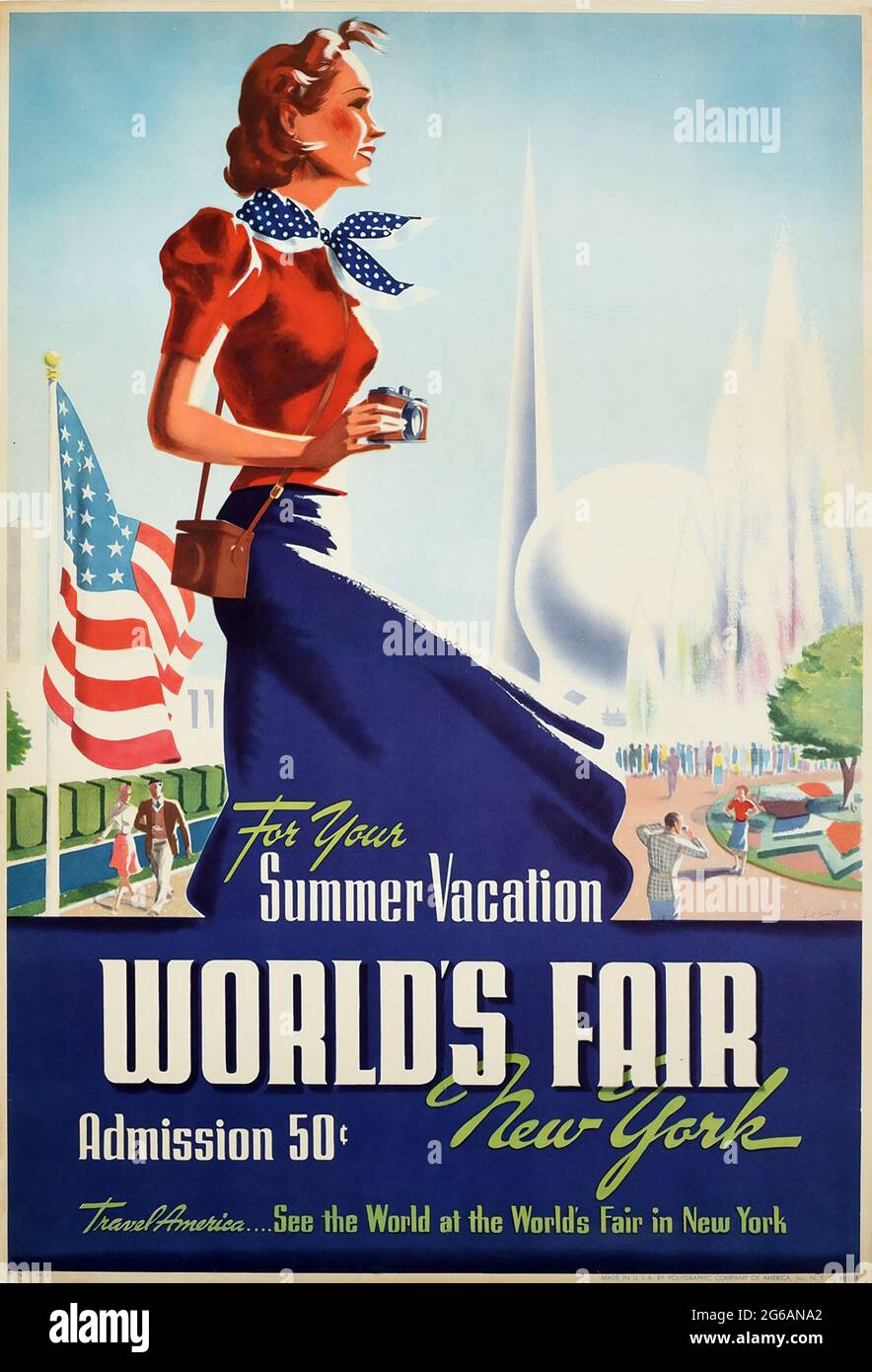 Vintage Travel Poster für Ihren Sommerurlaub – Sehen Sie sich die Weltausstellung New York 1939 an. Illustration von Robert Harmer Smith. Stockfoto