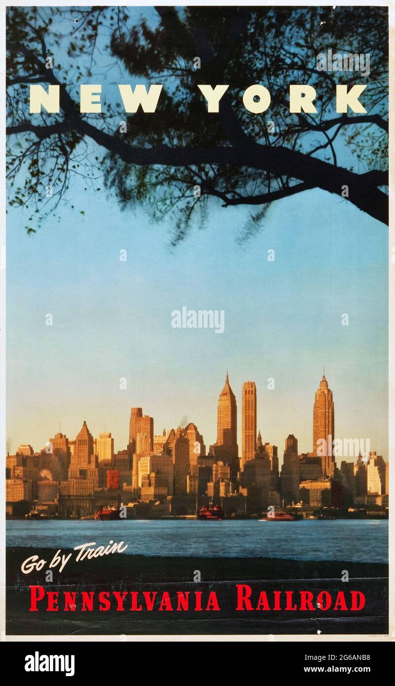 Pennsylvania Railroad Travel Poster (ca.) New York. Fahren Sie mit dem Zug. Foto von Manhattan. Stockfoto