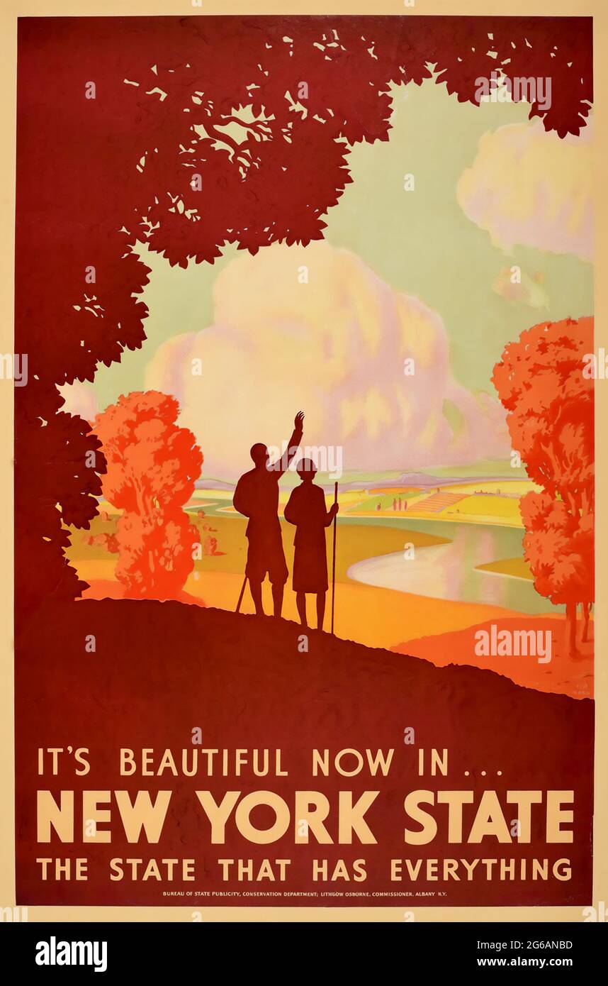 Vintage Poster – Es ist jetzt schön im Staat New York – Reisen Wandern, Herbst, Art déco 1935. Herbst. Stockfoto