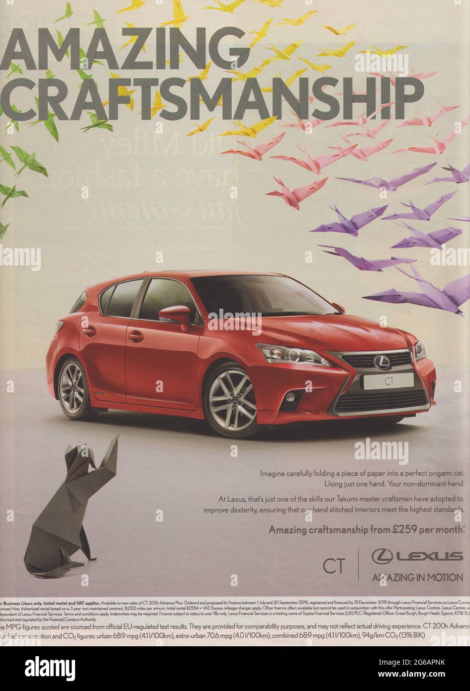 Plakatwerbung Lexus CT Auto in Zeitschrift von 2015, Slogan, Werbung, kreative Lexus Werbung Stockfoto
