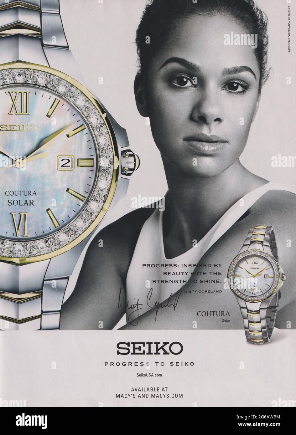 Plakatwerbung Seiko Uhrmacherkunst Marke in Magazin von 2015 Jahr, Werbung kreative Seiko 2010s Anzeige Stockfoto