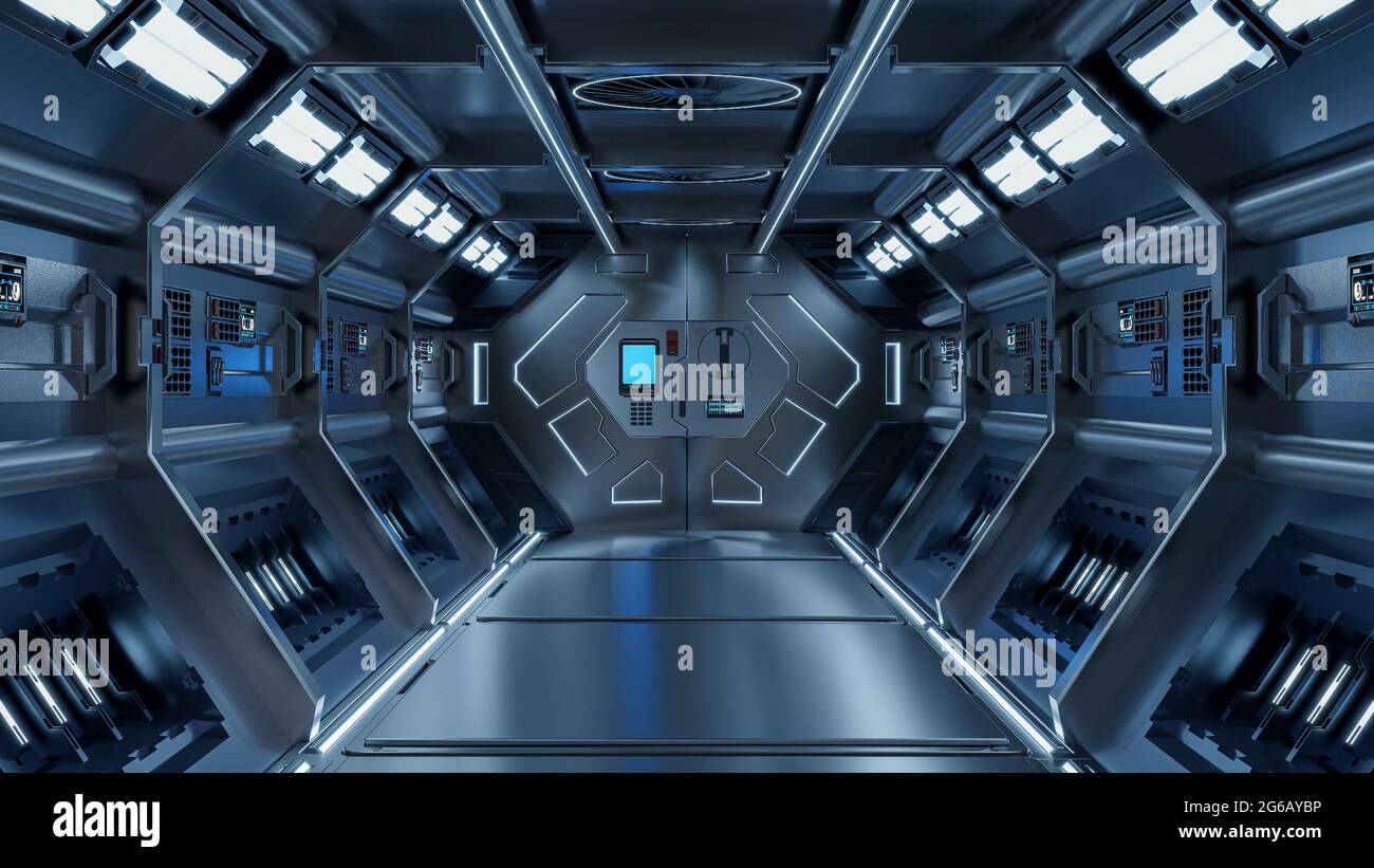 Science background Fiction Interieur Rendering Sci-Fi Raumschiff Korridore blaues Licht, 3D Rendering Stockfoto