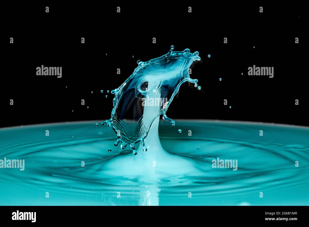 Blauer Wassertropfen auf schwarzem Hintergrund Stockfoto