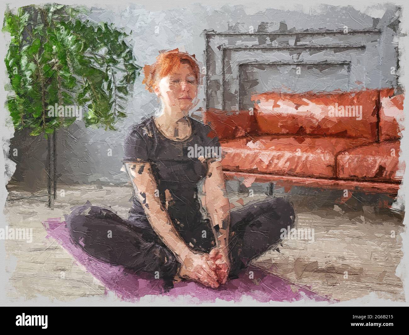 Junge Frau meditieren auf Trainingsmatte im häuslichen Interieur. Bild im Impasto-Stil. Große Pinselstrich-Technik Stockfoto