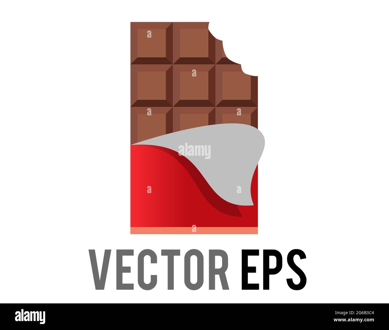 Die isolierte Vektor-braunen Block aus dunkler Schokolade Bar Symbol mit roter Folie Wrapper geschält zurück, um Quadrate der Süßigkeiten zeigen Stock Vektor