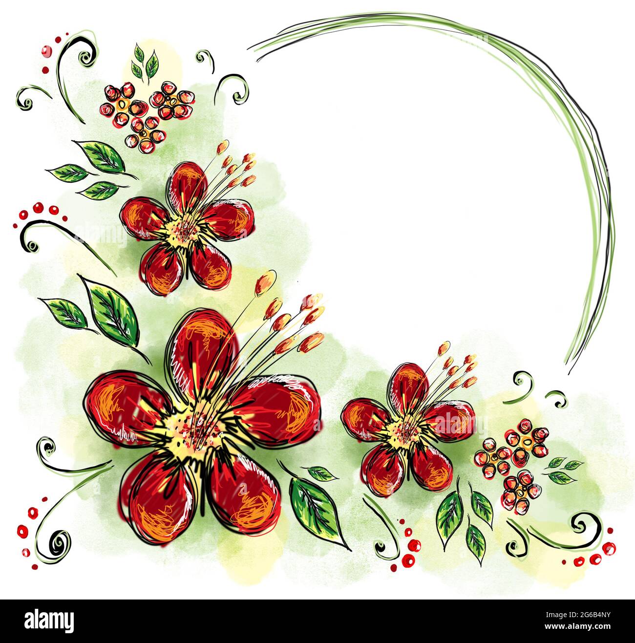 Blumen isoliert auf weißem Hintergrund. Digitales Malen. Handgezeichnete Illustration. Stockfoto