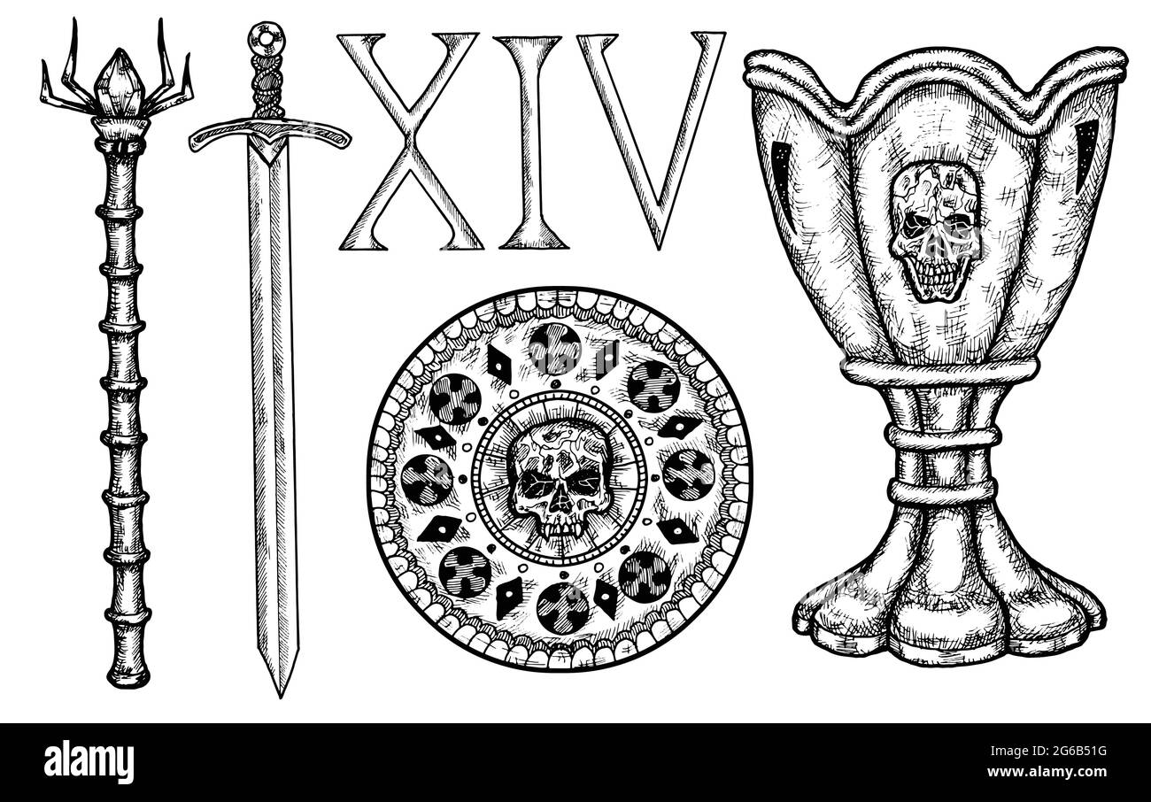 Handgezeichnete Desin-Sammlung mit mittelalterlichem Schwert, Münze, Tasse und römischen Zahlen auf Weiß isoliert. Handgezeichnete schwarz-weiße Vektorgrafik Stock Vektor