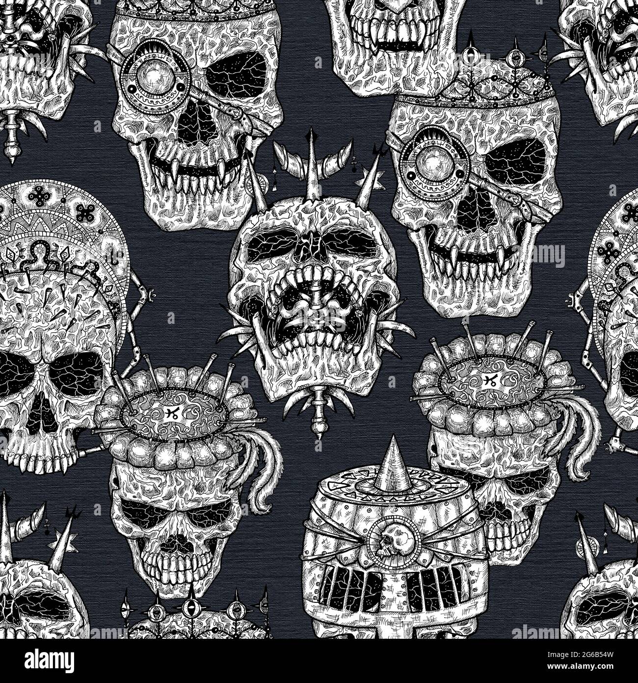 Nahtloses Muster mit bösen Totenköpfen auf schwarzem Hintergrund. Mystischer Hintergrund für Halloween, esoterisches, Gothic und okkultes Konzept Stockfoto