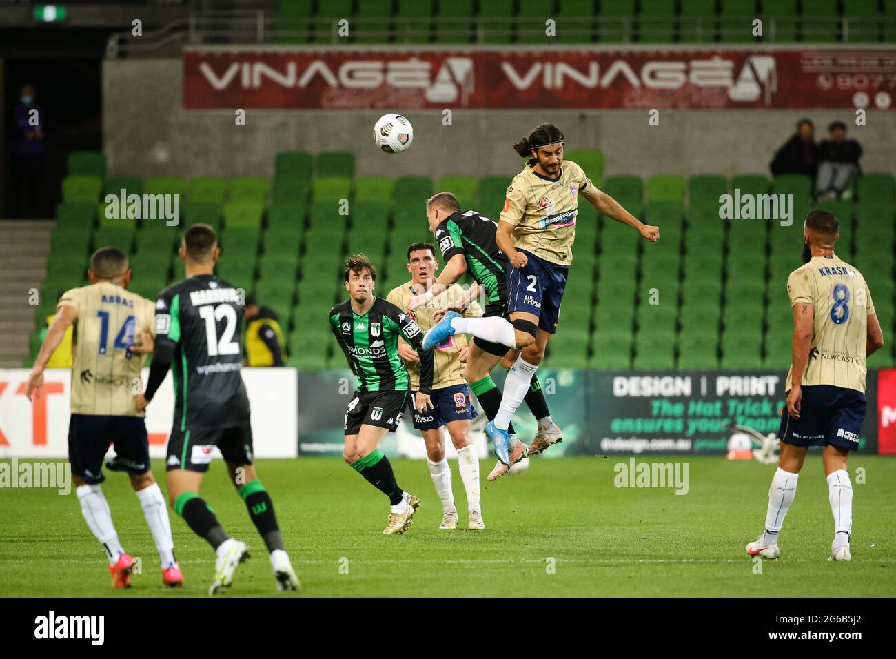 MELBOURNE, AUSTRALIEN - 26. APRIL: Während des Hyundai A-League Fußballmatches zwischen dem Western United FC und den Newcastle Jets am 26. April 2021 im AAMI Park in Melbourne, Australien. (Foto von Dave Hewison) Stockfoto