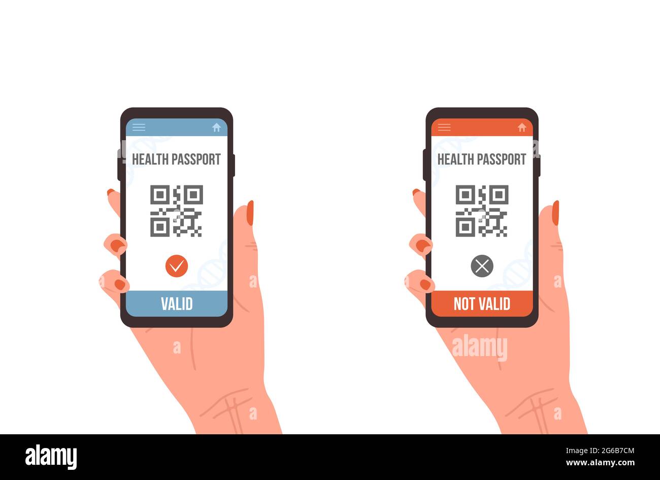 QR-Code mit Gesundheitspass. Weibliche Hand hält Smartphone mit elektronischen gültigen und nicht gültigen Impfpass. Überprüfung der Sicherheit von covid Stock Vektor