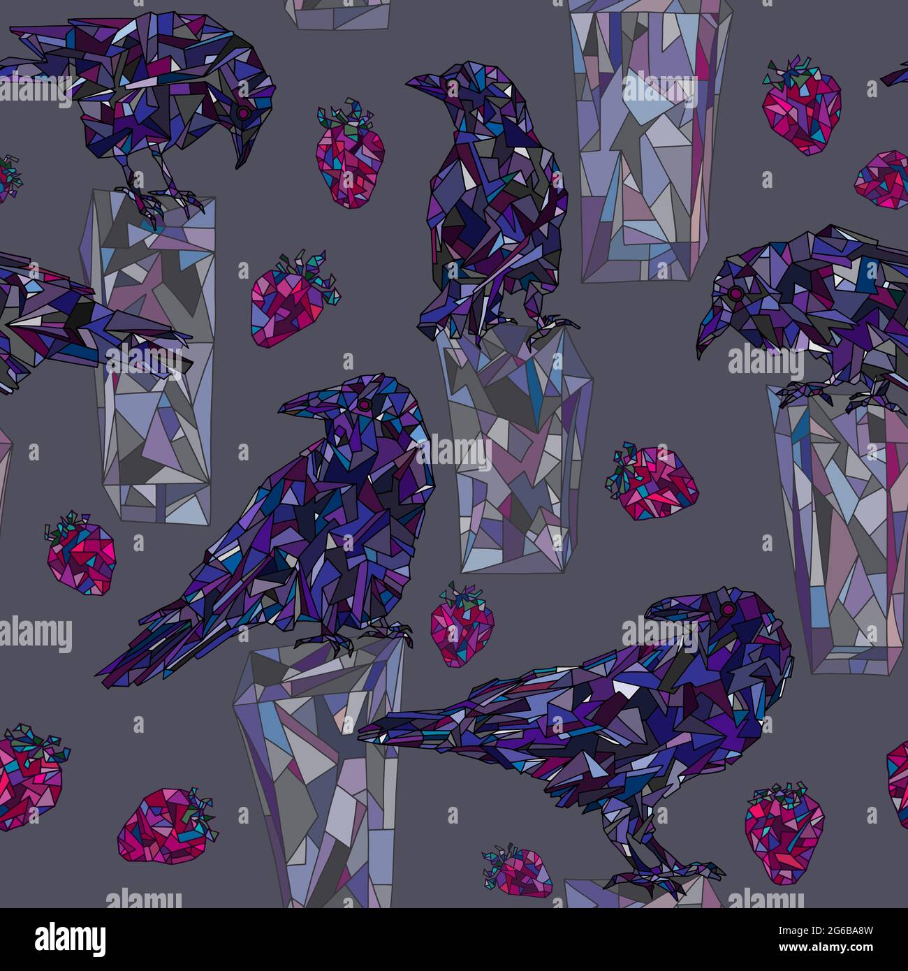 Krähen und Erdbeeren handgezeichnete Vektor nahtloses Muster. Vögel mit Beeren Hintergrundtextur für Tapete, Geschenkpapier, Textildesign, Oberfläche Stock Vektor